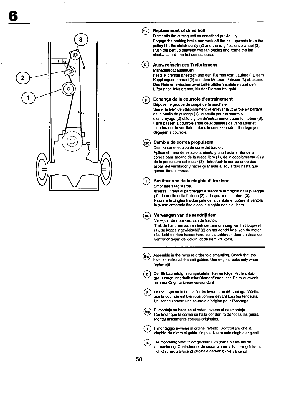 Replacement of drive belt, Auswechsein des treibriemens, Echange de la courroie d'entraînement | Cambio de correa propulsora, Sostituzione deiia cinghia di trazione, Vervangen van de aandrìjfriem | Craftsman 25949 User Manual | Page 58 / 68