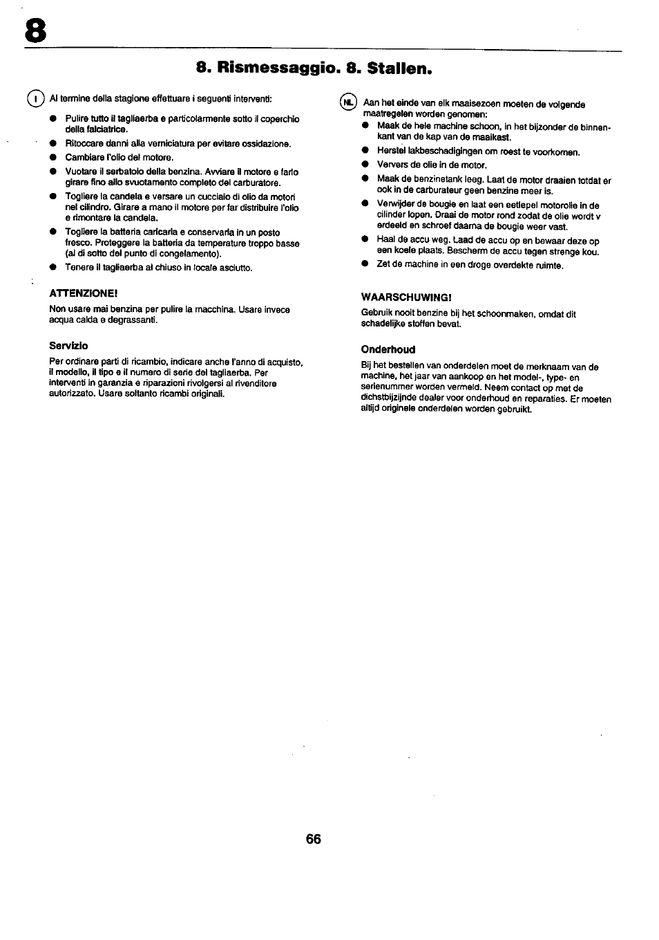 Attenzione, Servizio, Waarschuwing | Onderhoud, Rismessaggio. 8. stallen | Craftsman 25949 User Manual | Page 66 / 68