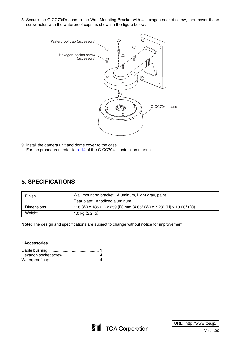 Specifications | Toa C-BC704W User Manual | Page 12 / 12