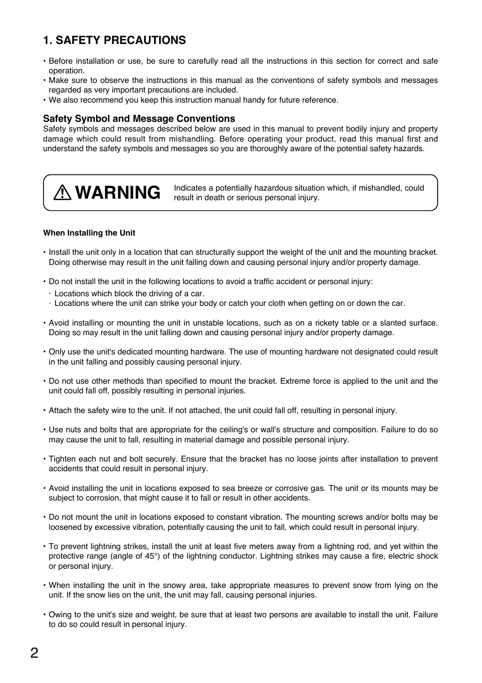 Warning, Safety precautions | Toa C-BC704W User Manual | Page 2 / 12