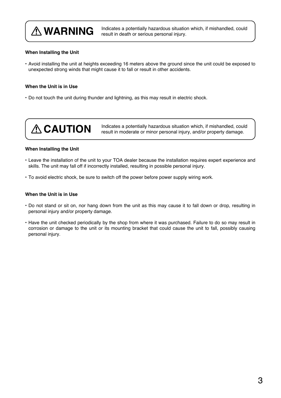 Warning, Caution | Toa C-BC704W User Manual | Page 3 / 12