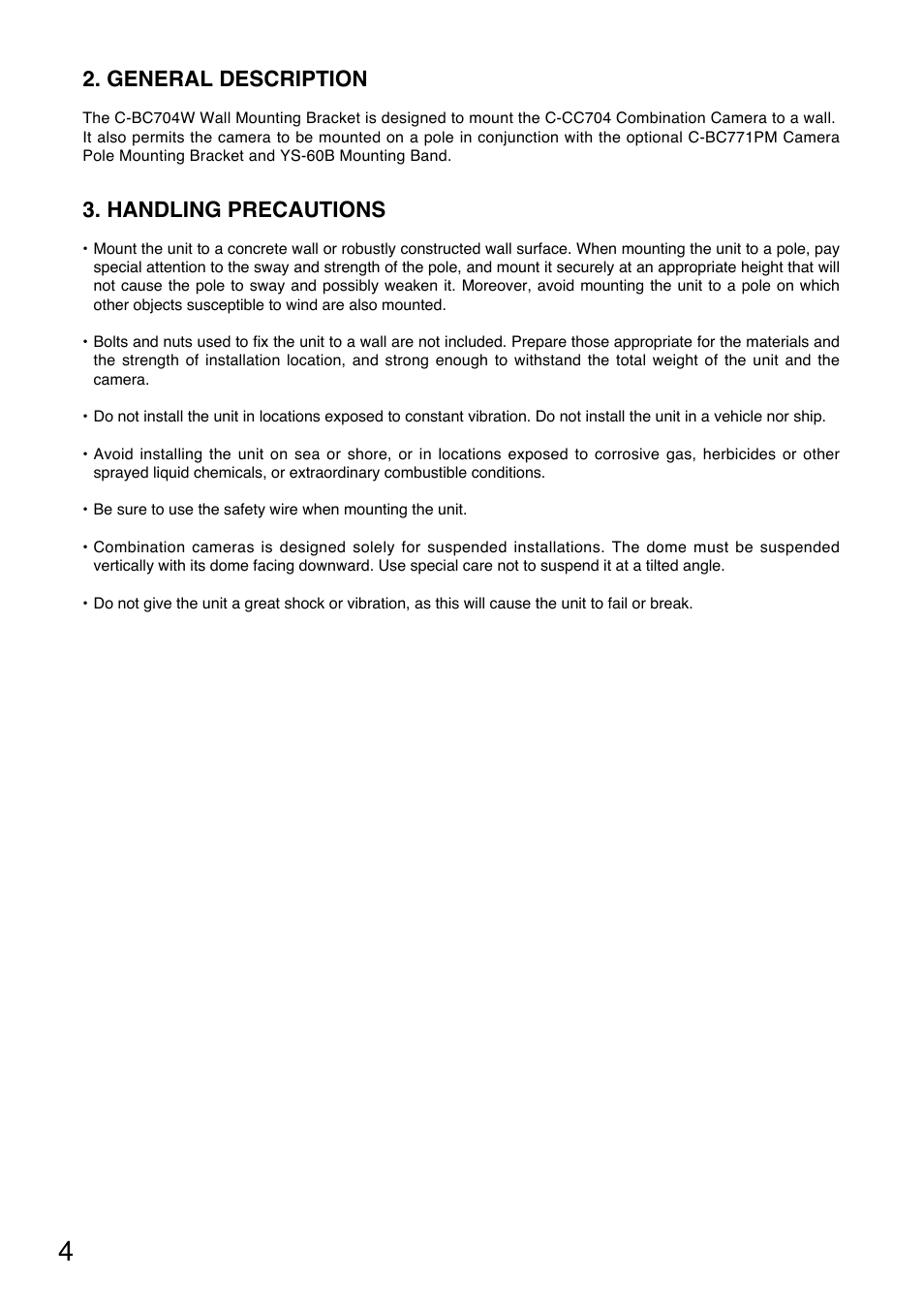 General description, Handling precautions | Toa C-BC704W User Manual | Page 4 / 12