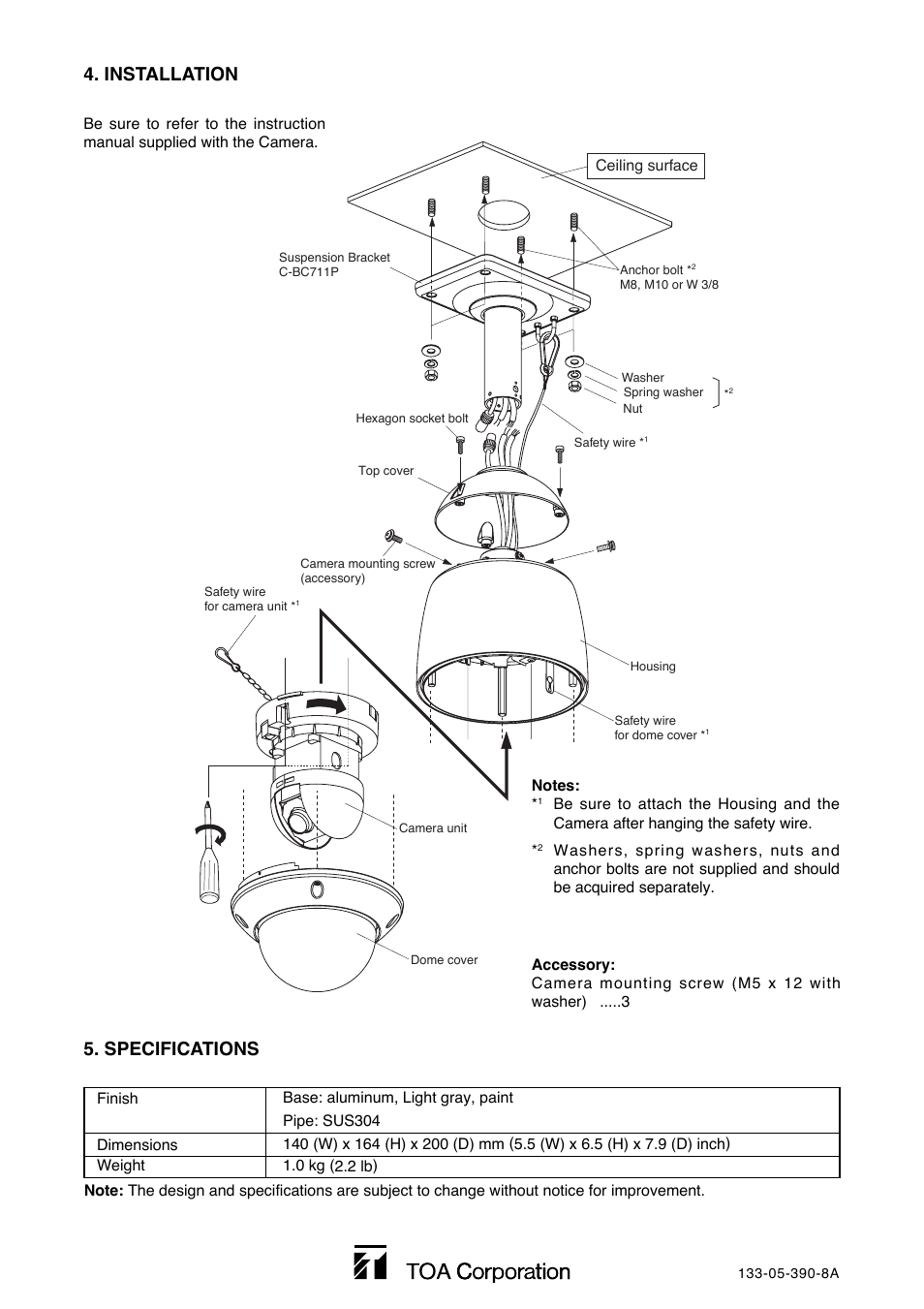 Installation 5. specifications | Toa C-BC711P User Manual | Page 4 / 4