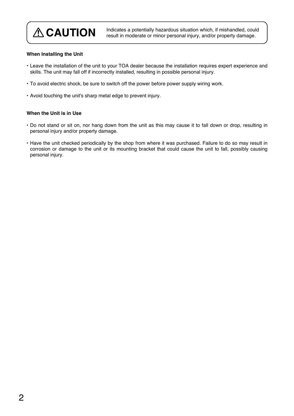 Caution | Toa C-BC850U User Manual | Page 2 / 6