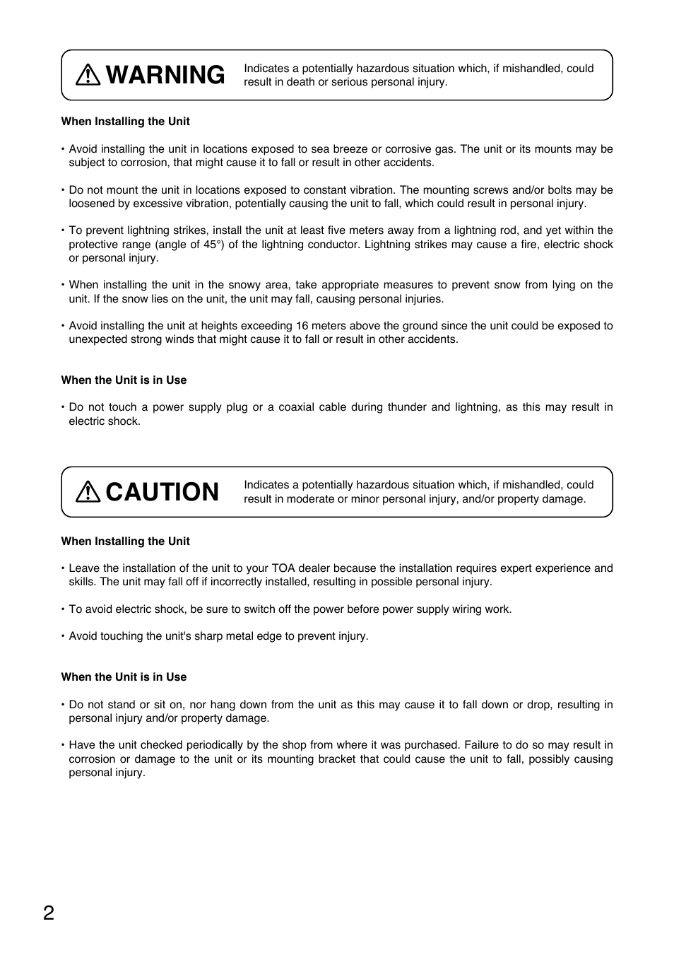 Warning, Caution | Toa C-BC850W User Manual | Page 2 / 6