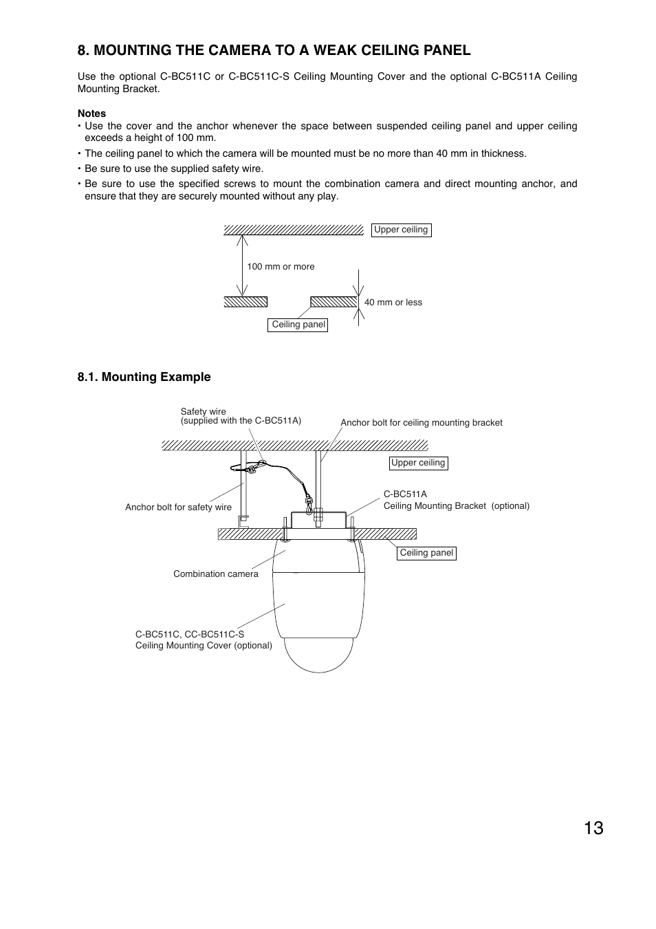 Mounting the camera to a weak ceiling panel | Toa C-CC574 PL User Manual | Page 13 / 44