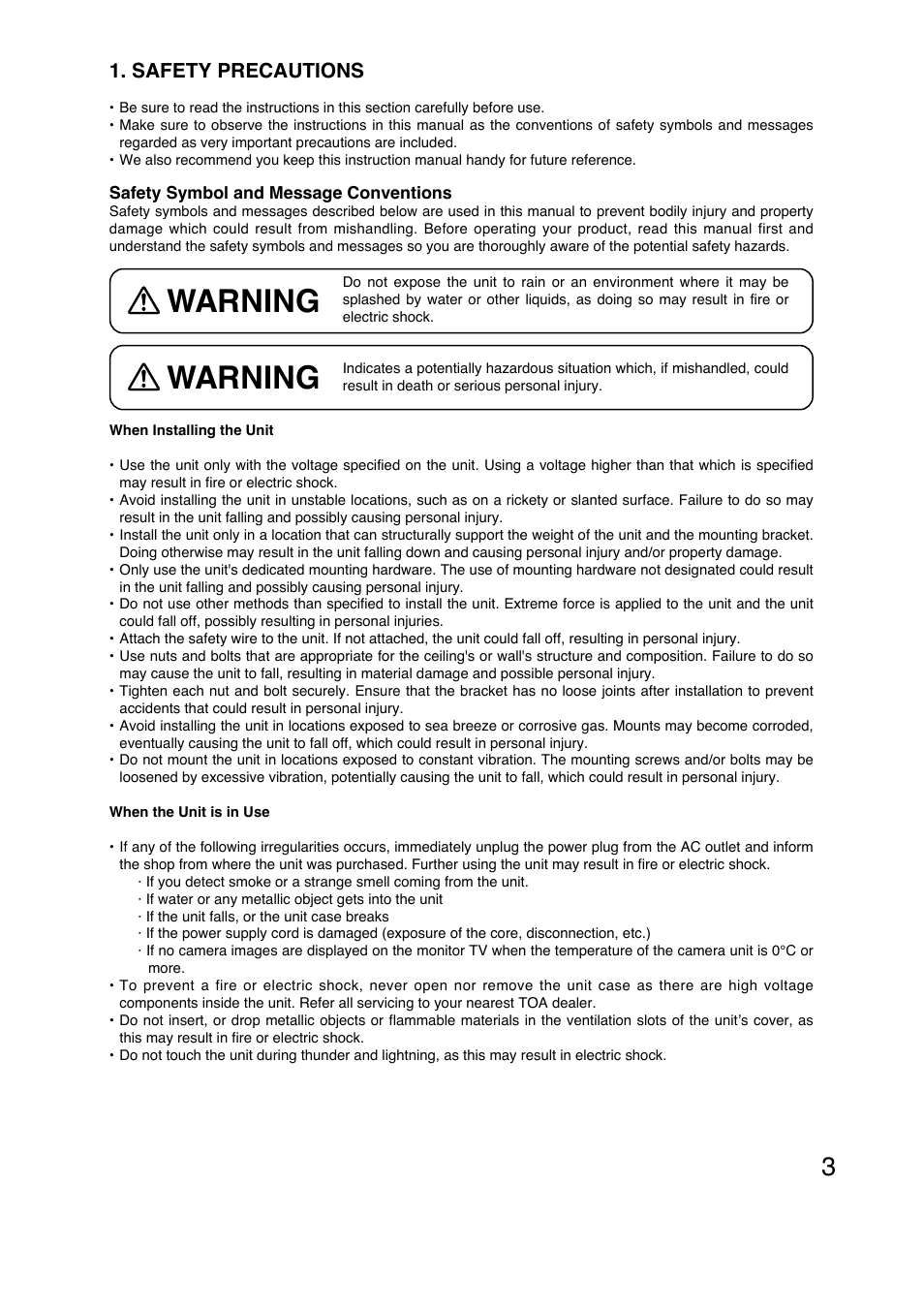 Warning, Safety precautions | Toa C-CC574 PL User Manual | Page 3 / 44