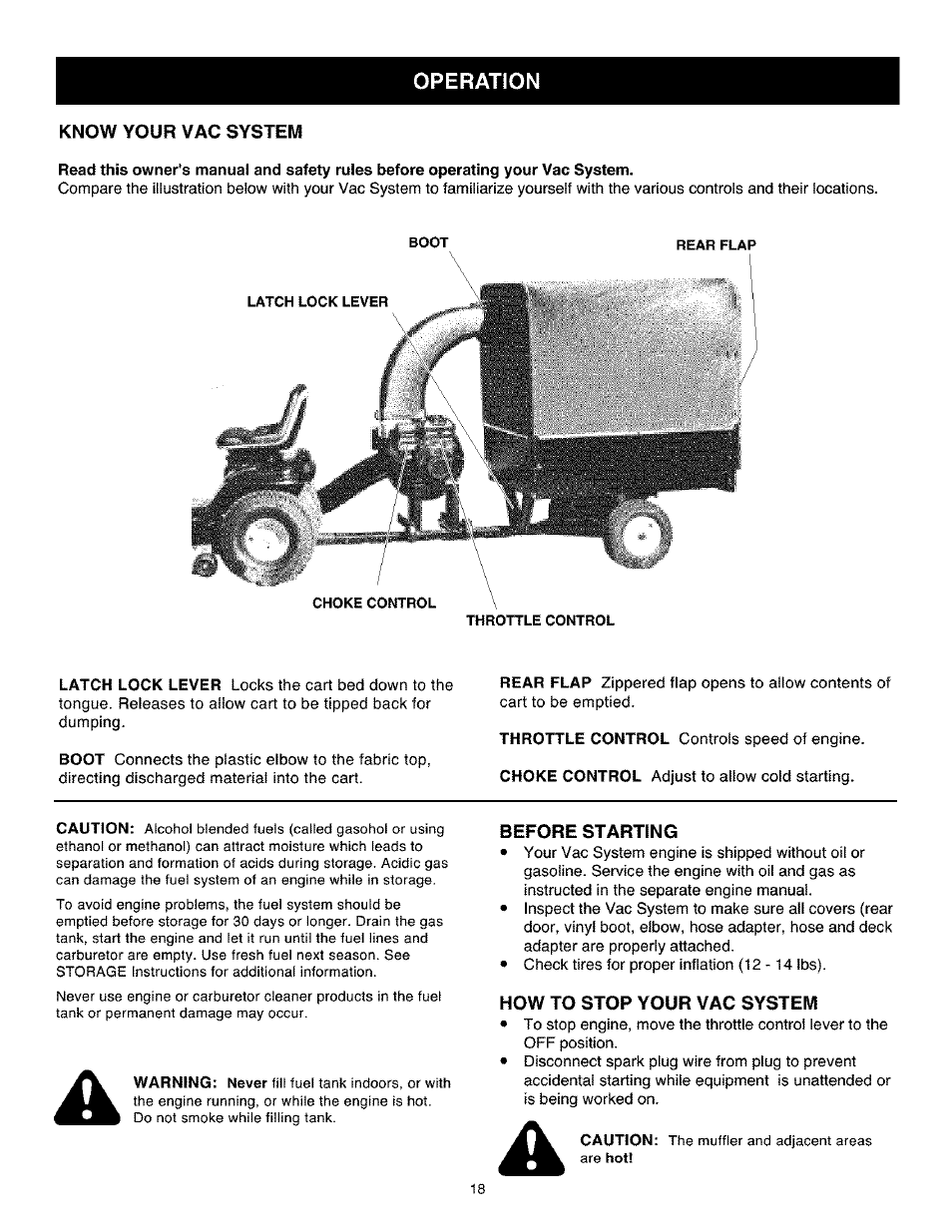 Operation, Know your vac system, How to stop your vac system | Craftsman 486.24504 User Manual | Page 18 / 28
