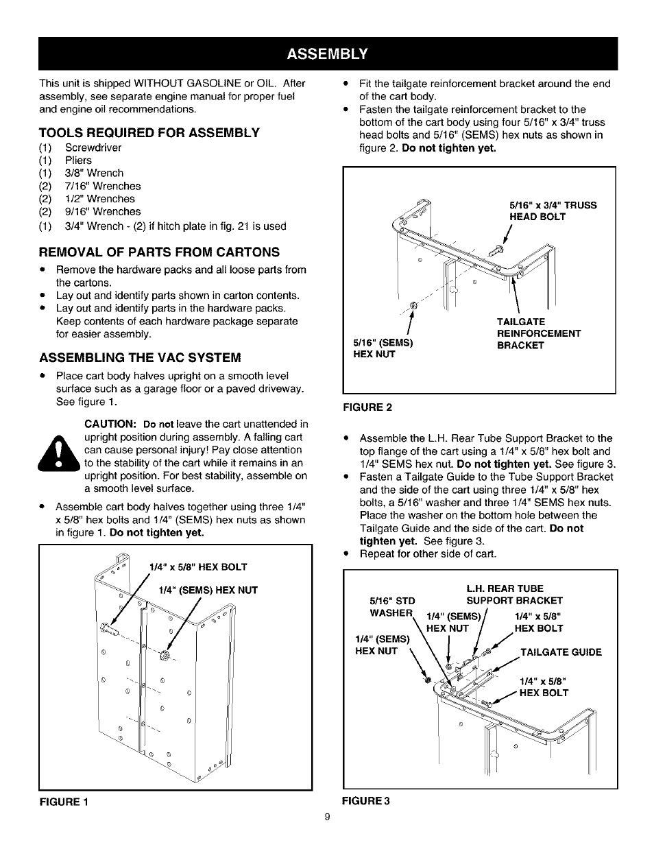 Assembly, Tools required for assembly, Removal of parts from cartons | Assembling the vac system | Craftsman 486.24504 User Manual | Page 9 / 28