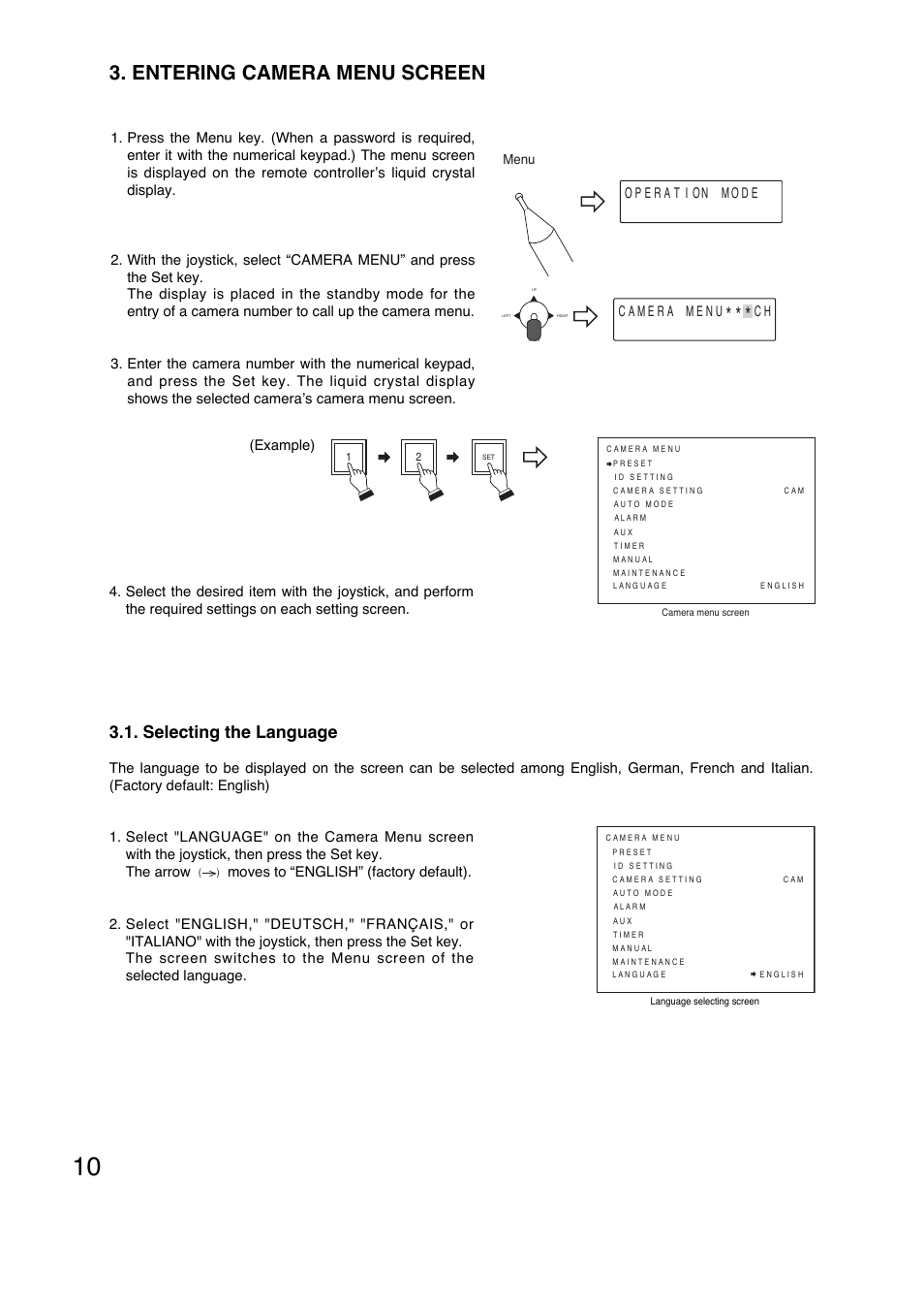 Entering camera menu screen, Selecting the language | Toa C-CC774 PL User Manual | Page 10 / 82