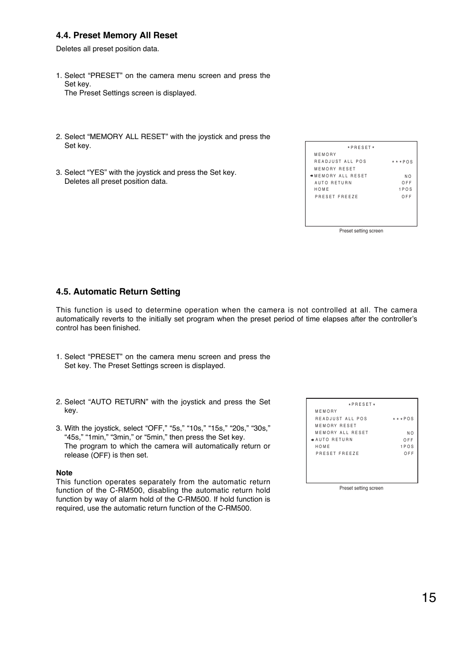 Automatic return setting | Toa C-CC774 PL User Manual | Page 15 / 82