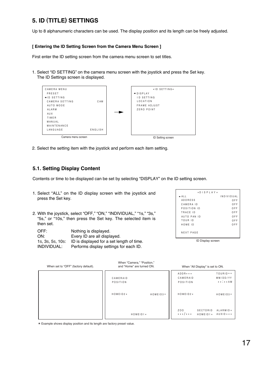 Id (title) settings, Setting display content | Toa C-CC774 PL User Manual | Page 17 / 82