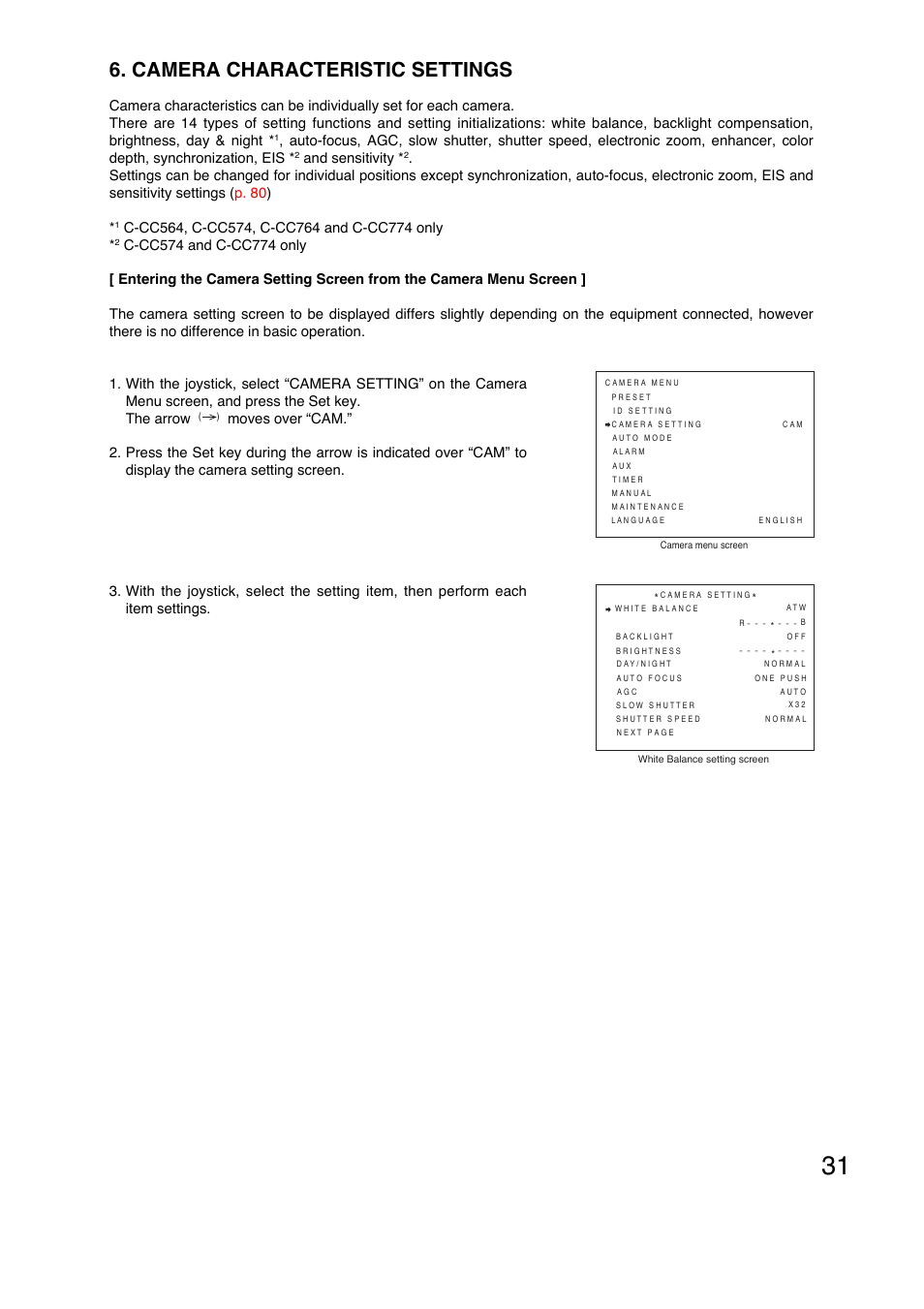 Camera characteristic settings, And sensitivity | Toa C-CC774 PL User Manual | Page 31 / 82