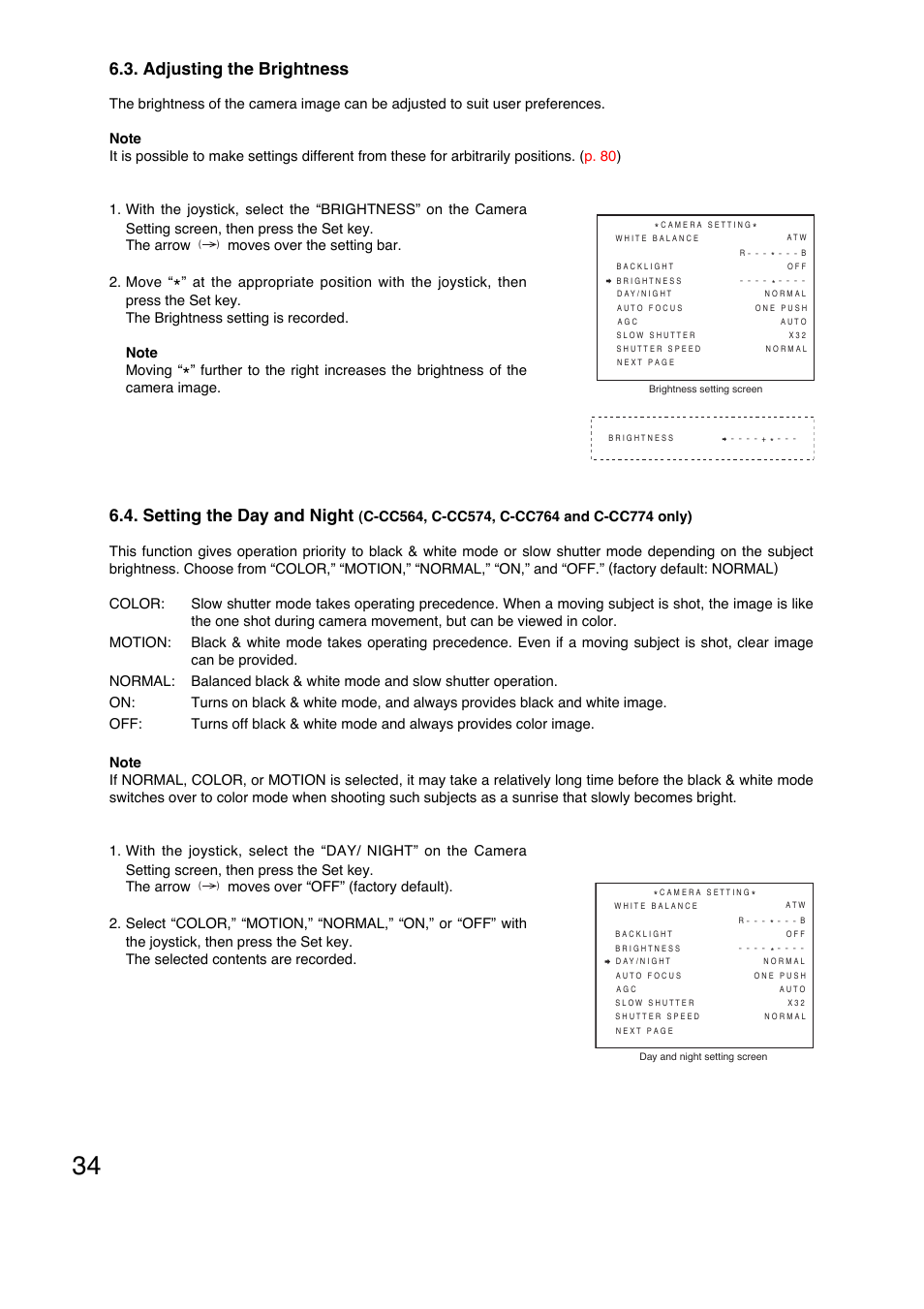 Adjusting the brightness, Setting the day and night | Toa C-CC774 PL User Manual | Page 34 / 82