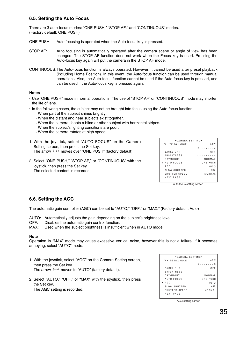 Setting the agc, Setting the auto focus, When part of the subject shines brightly | When the distant and near subjects exist together, When the subject’s lighting conditions are poor | Toa C-CC774 PL User Manual | Page 35 / 82