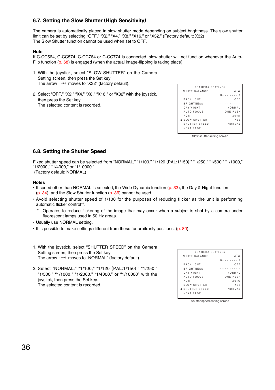 Setting the slow shutter (high sensitivity), Setting the shutter speed | Toa C-CC774 PL User Manual | Page 36 / 82