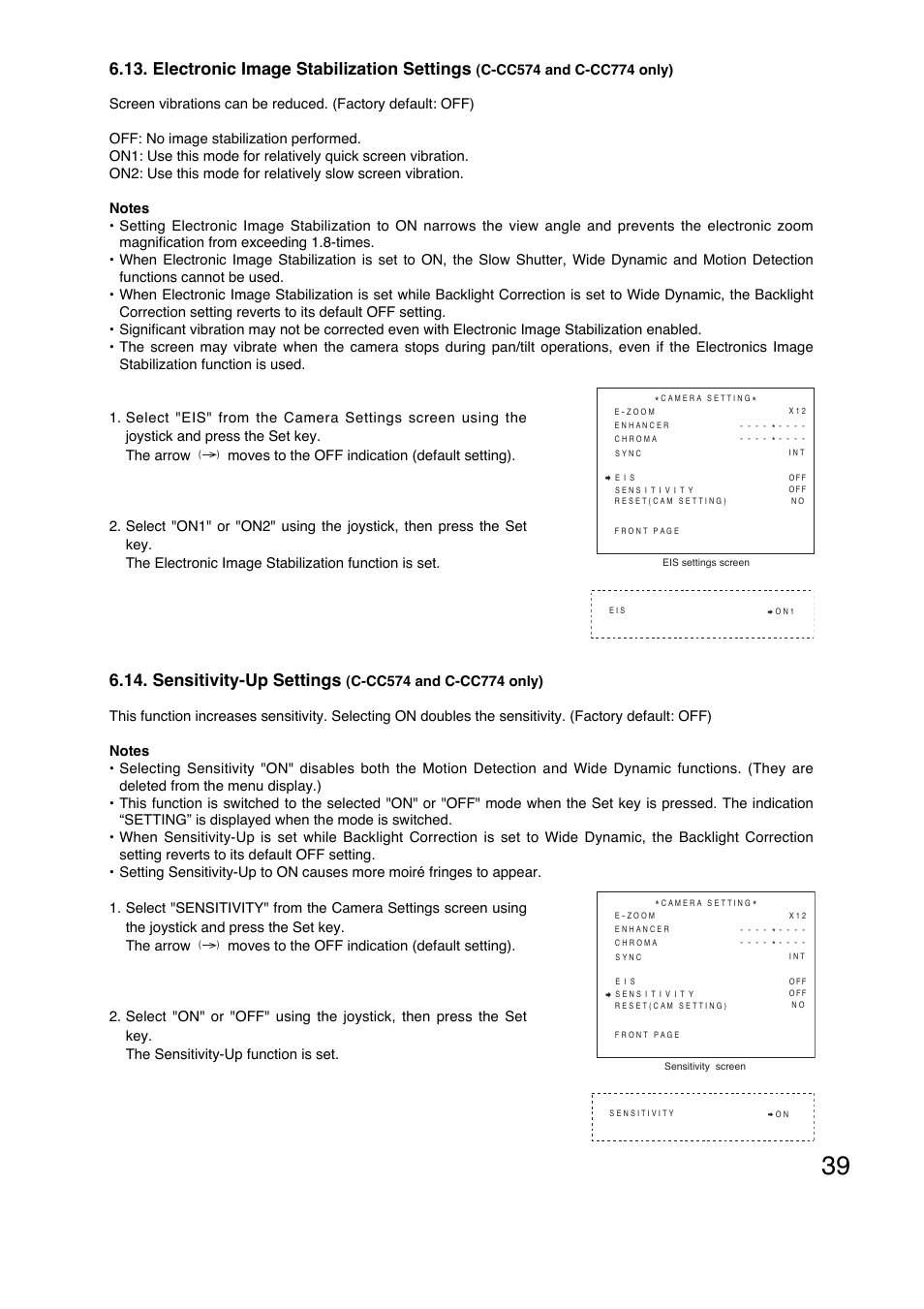 Electronic image stabilization settings, Sensitivity-up settings | Toa C-CC774 PL User Manual | Page 39 / 82