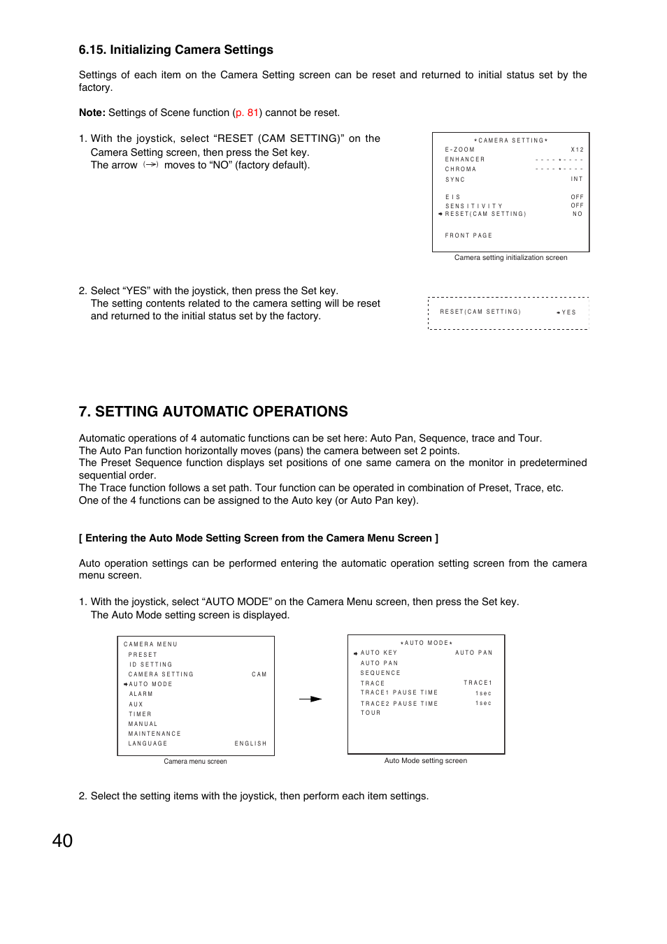 Setting automatic operations, Initializing camera settings | Toa C-CC774 PL User Manual | Page 40 / 82