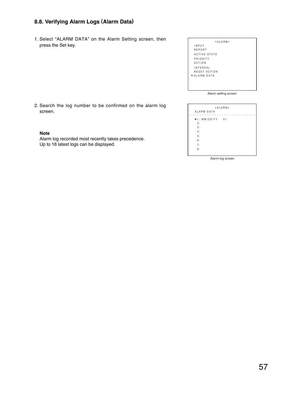 Verifying alarm logs (alarm data) | Toa C-CC774 PL User Manual | Page 57 / 82