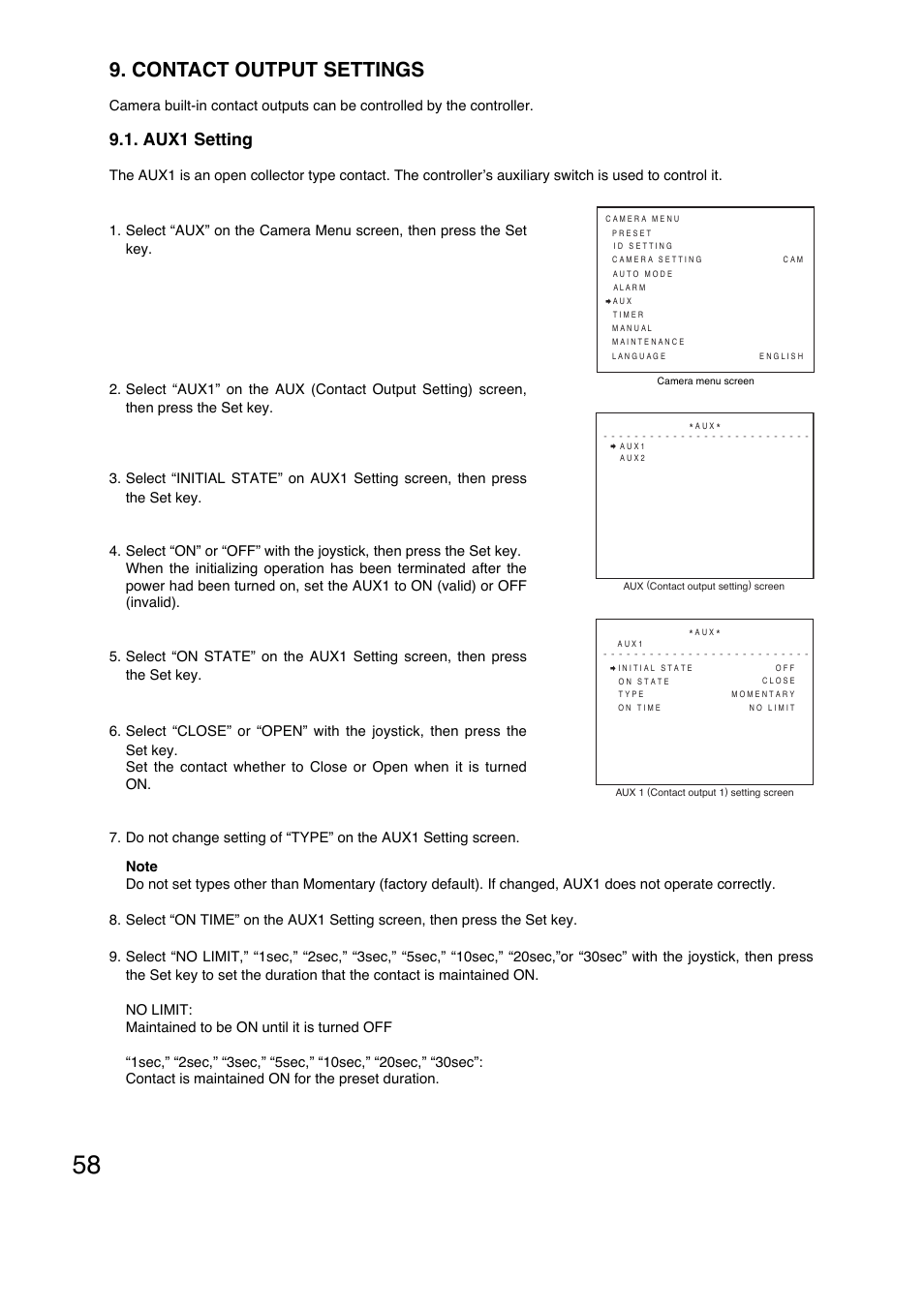 Contact output settings, Aux1 setting | Toa C-CC774 PL User Manual | Page 58 / 82