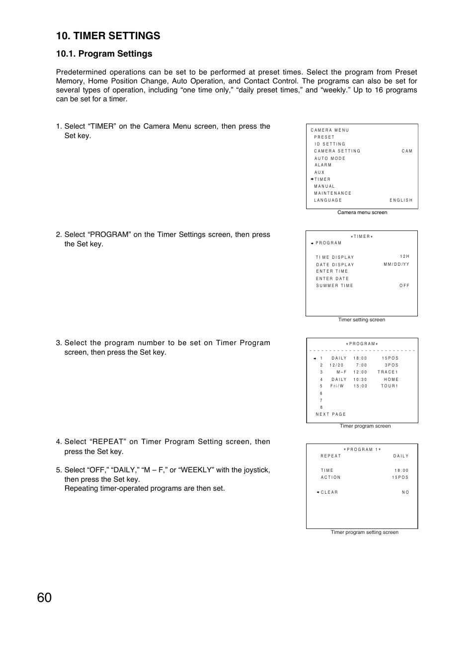 Timer settings, Program settings | Toa C-CC774 PL User Manual | Page 60 / 82