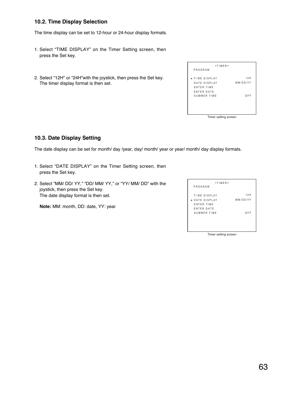 Date display setting, Time display selection | Toa C-CC774 PL User Manual | Page 63 / 82