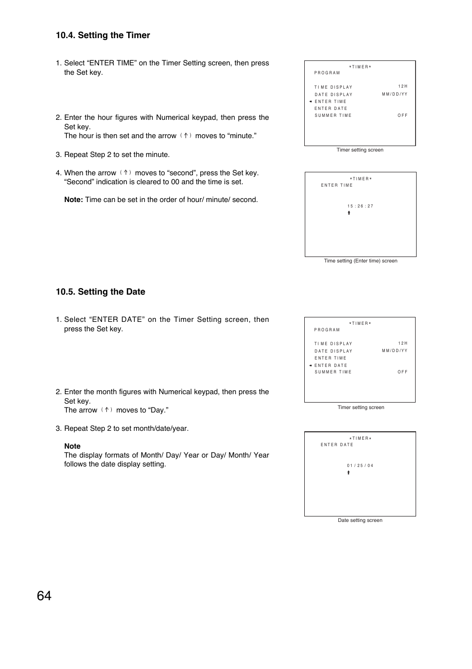 Setting the date, Setting the timer | Toa C-CC774 PL User Manual | Page 64 / 82