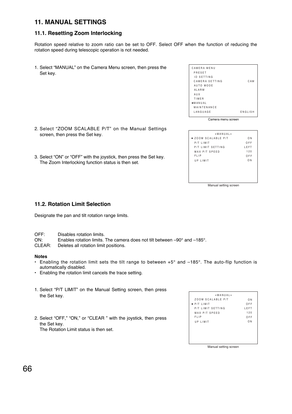 Manual settings, Resetting zoom interlocking, Rotation limit selection | Toa C-CC774 PL User Manual | Page 66 / 82