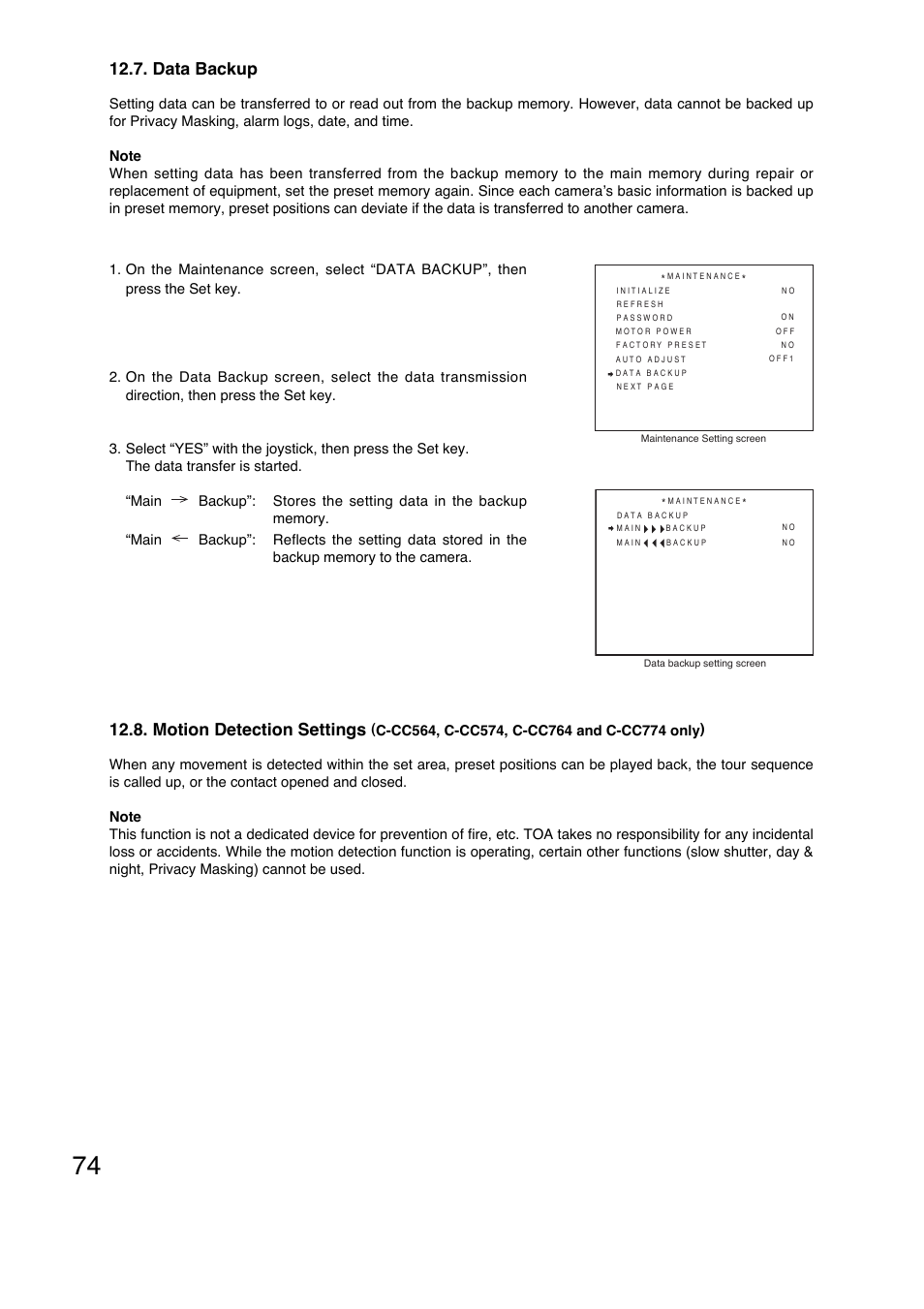 Data backup, Motion detection settings | Toa C-CC774 PL User Manual | Page 74 / 82