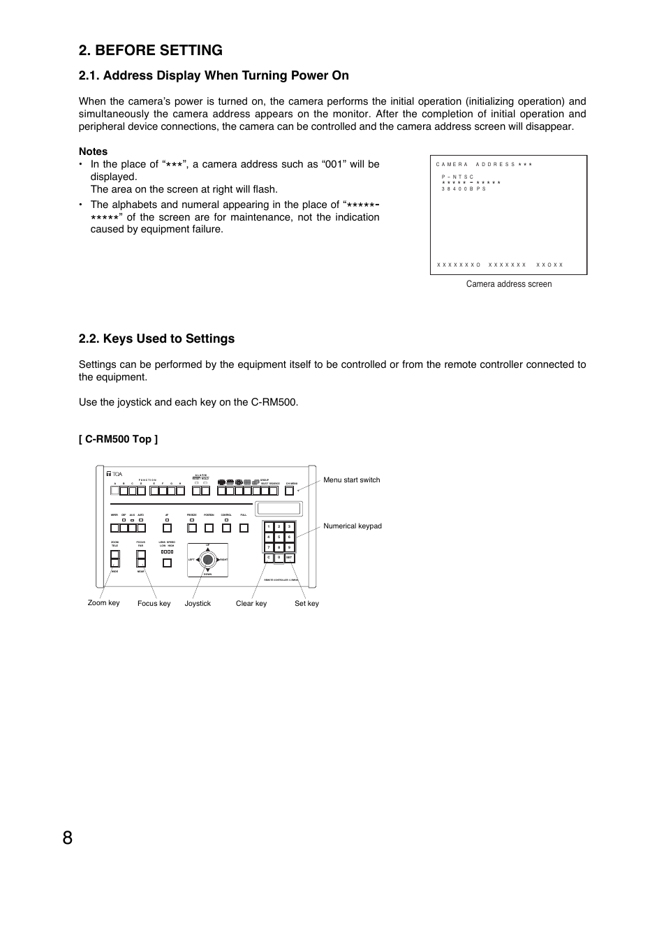 Before setting, Address display when turning power on, Keys used to settings | Camera address screen | Toa C-CC774 PL User Manual | Page 8 / 82