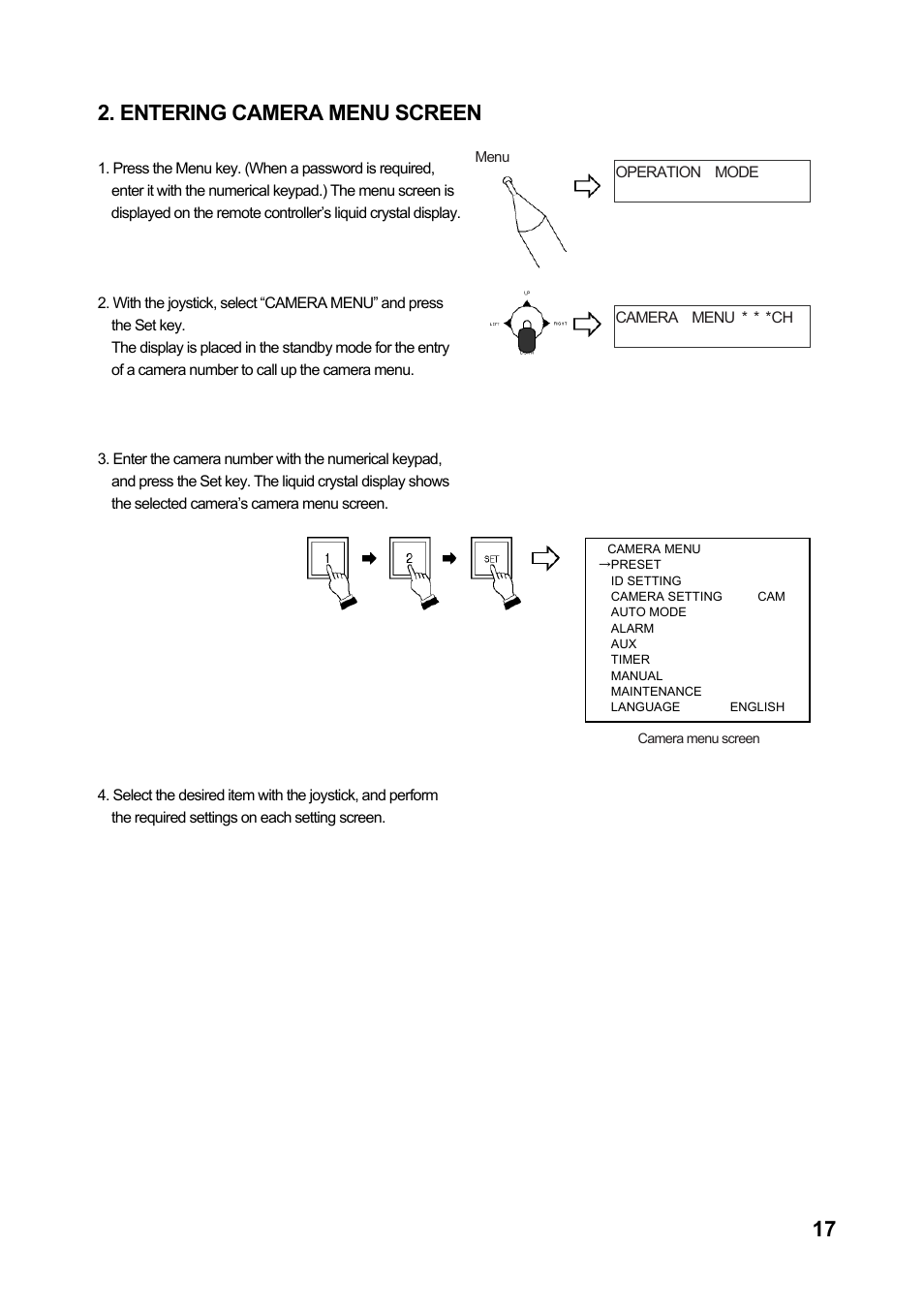 17 2. entering camera menu screen | Toa C-CC774 User Manual | Page 17 / 22