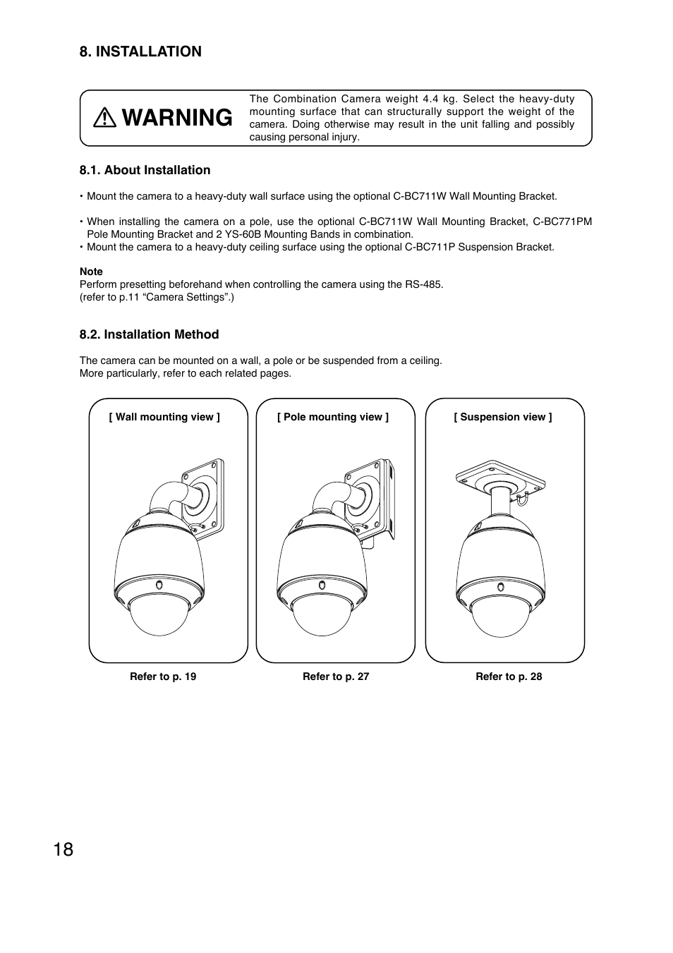 Warning, Installation | Toa C-CC774 PL User Manual | Page 18 / 36