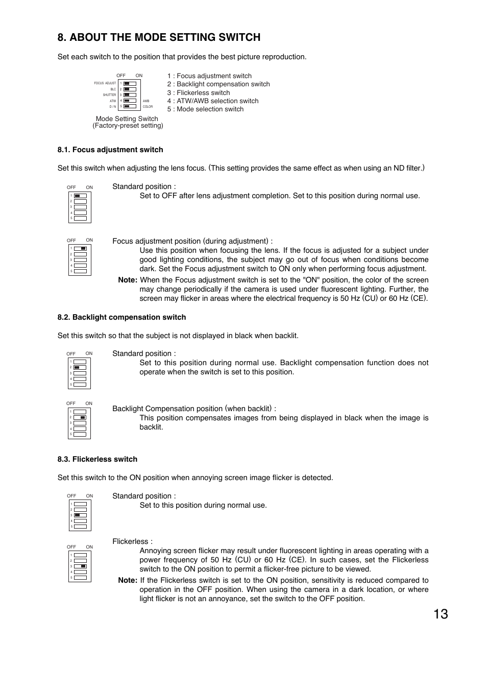 About the mode setting switch | Toa C-CV854D-3 CE User Manual | Page 13 / 16
