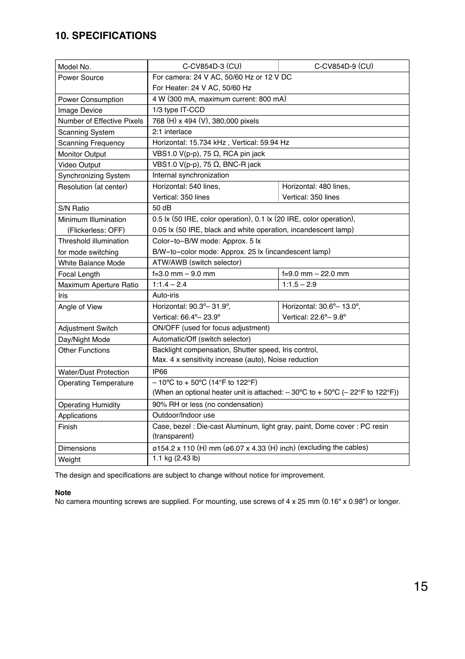 Specifications | Toa C-CV854D-3 CE User Manual | Page 15 / 16