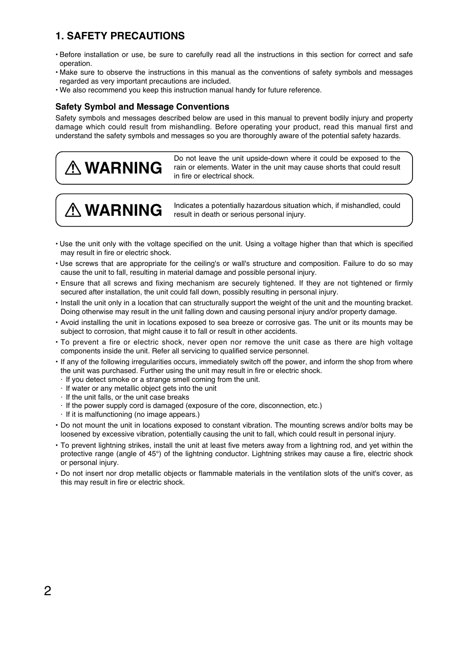 Warning, Safety precautions | Toa C-CV854D-3 CE User Manual | Page 2 / 16