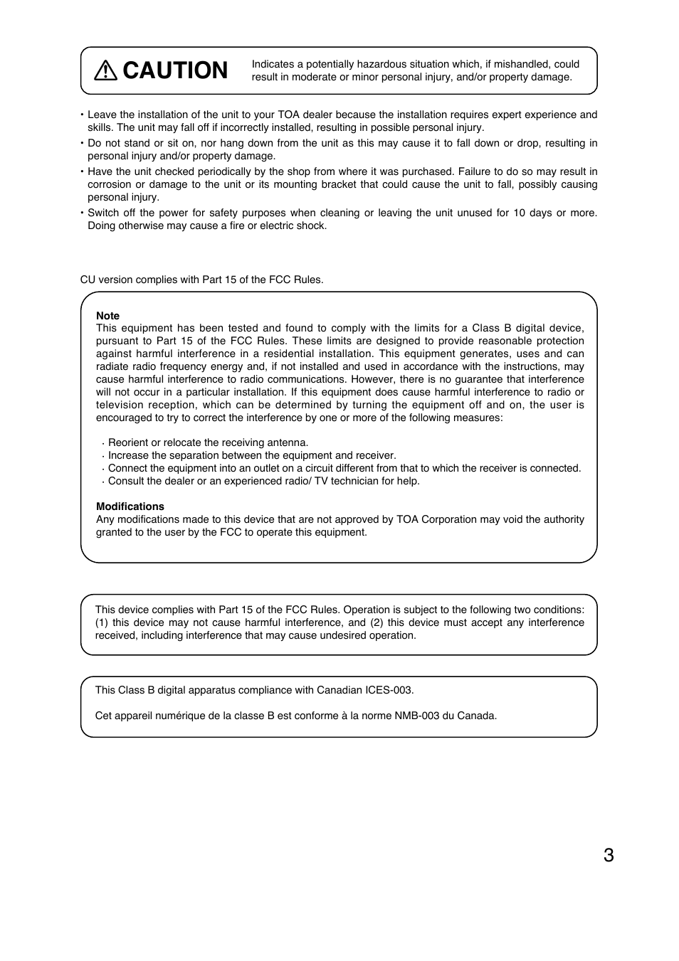 Caution | Toa C-CV854D-3 CE User Manual | Page 3 / 16