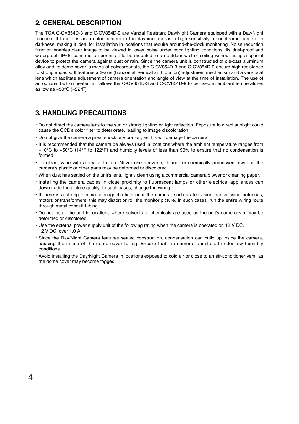 Handling precautions, General description | Toa C-CV854D-3 CE User Manual | Page 4 / 16