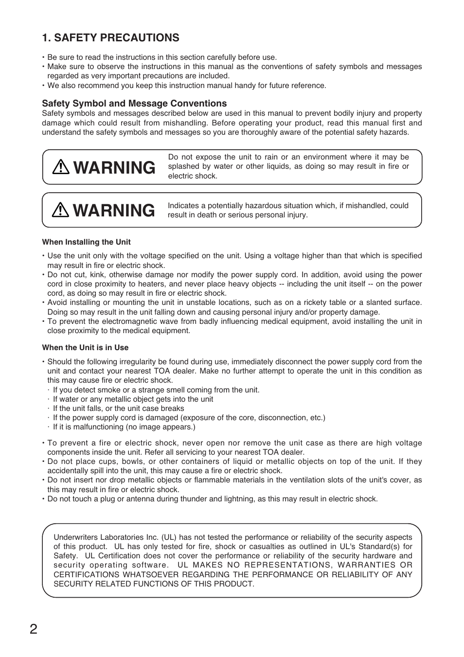 Warning, Safety precautions | Toa C-IF500 User Manual | Page 2 / 8