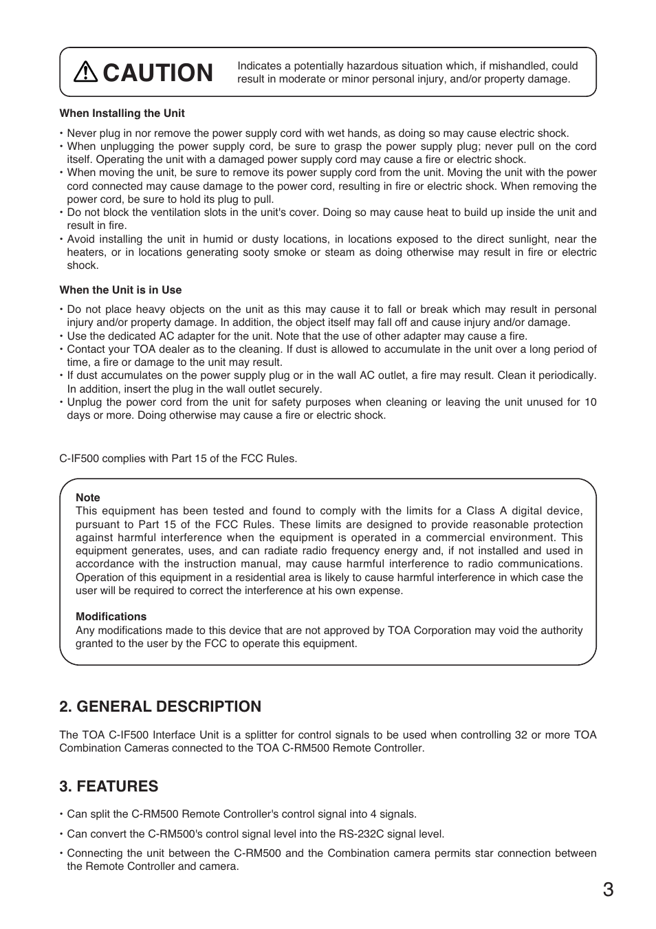 Caution, General description, Features | Toa C-IF500 User Manual | Page 3 / 8