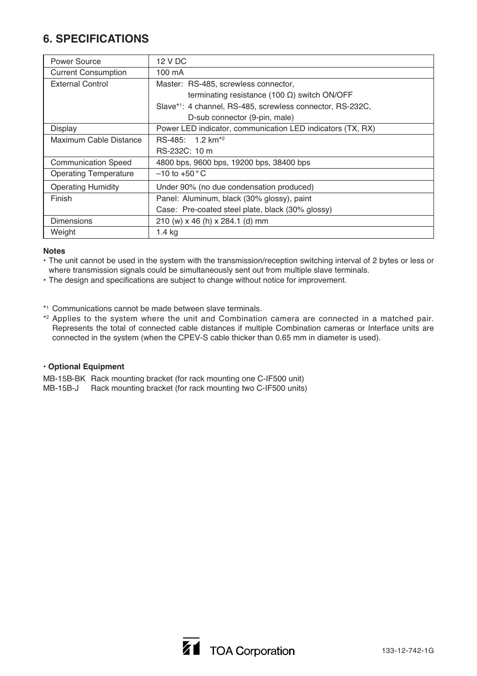 Specifications | Toa C-IF500 User Manual | Page 8 / 8