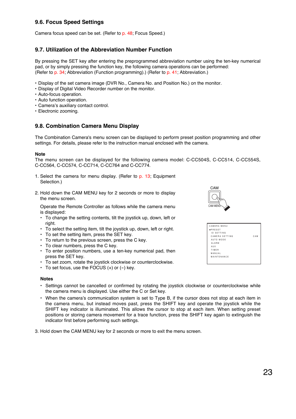 Focus speed settings, Utilization of the abbreviation number function, Combination camera menu display | Toa C-RM1000 HV User Manual | Page 23 / 60