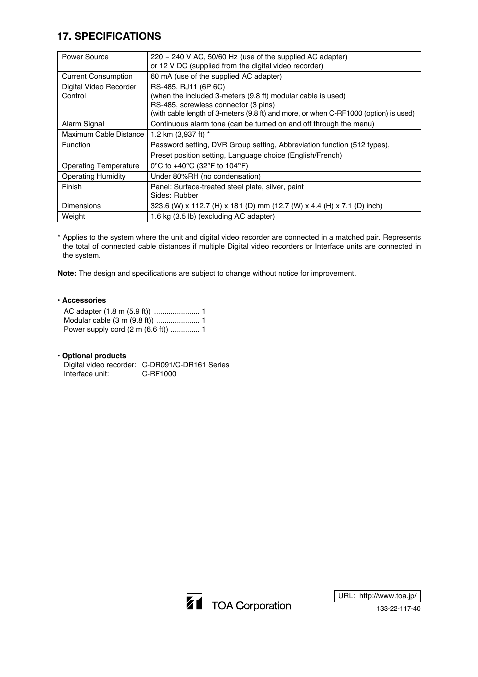 Specifications | Toa C-RM1000 HV User Manual | Page 60 / 60