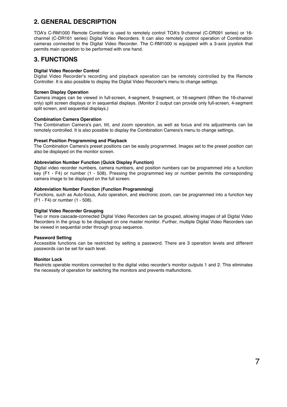 General description, Functions | Toa C-RM1000 HV User Manual | Page 7 / 60