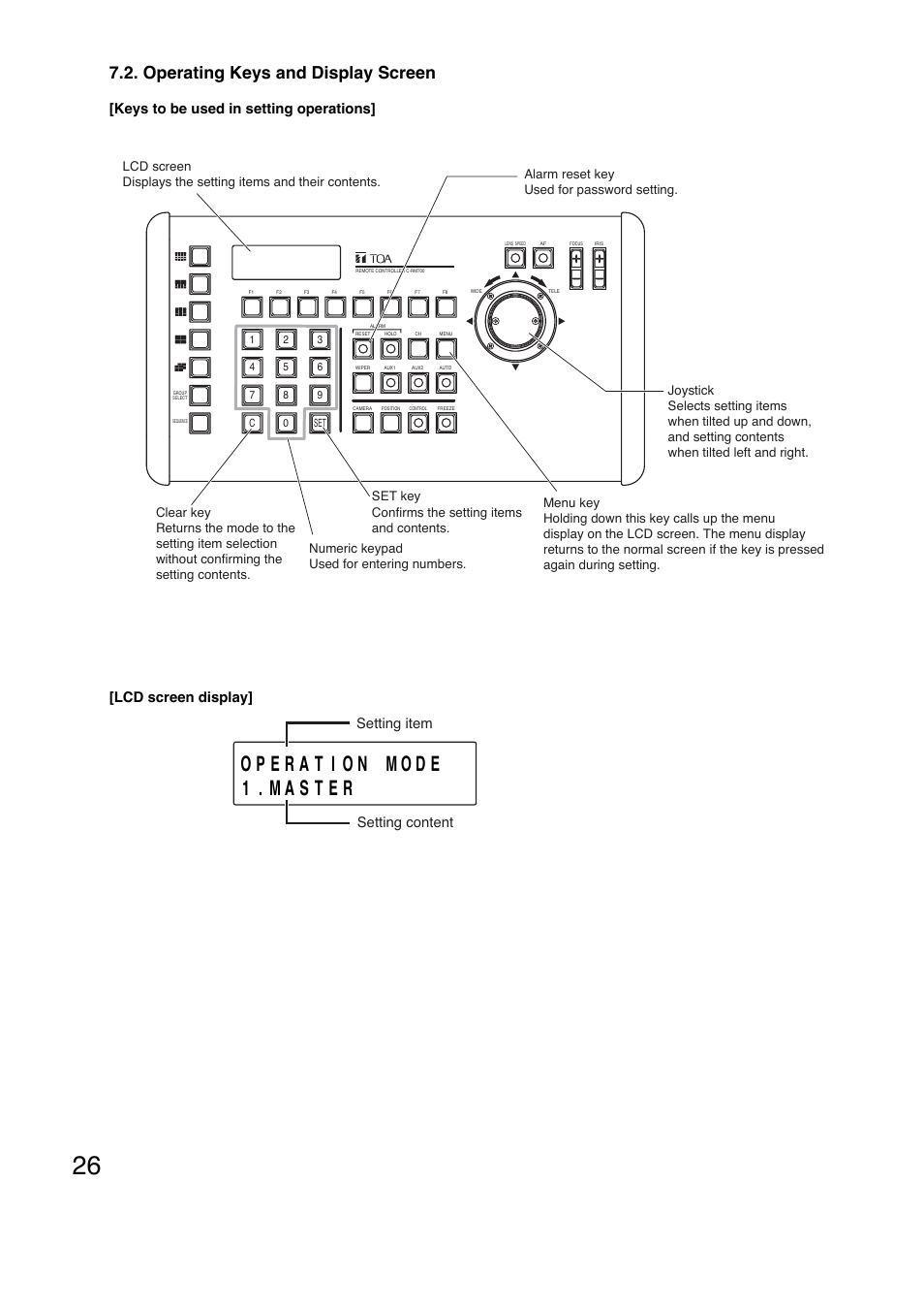Operating keys and display screen, Lcd screen display, Setting item setting content | Keys to be used in setting operations | Toa C-RM700 User Manual | Page 26 / 56