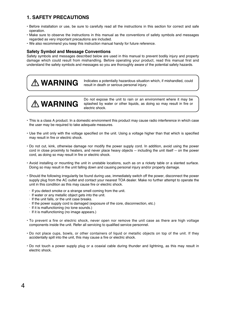 Warning, Safety precautions | Toa C-RM700 User Manual | Page 4 / 56