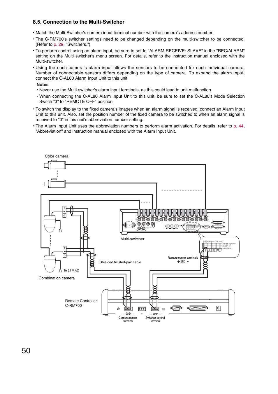 Connection to the multi-switcher, Remote controller c-rm700 multi-switcher, Color camera | Combination camera, Shielded twisted-pair cable | Toa C-RM700 User Manual | Page 50 / 56