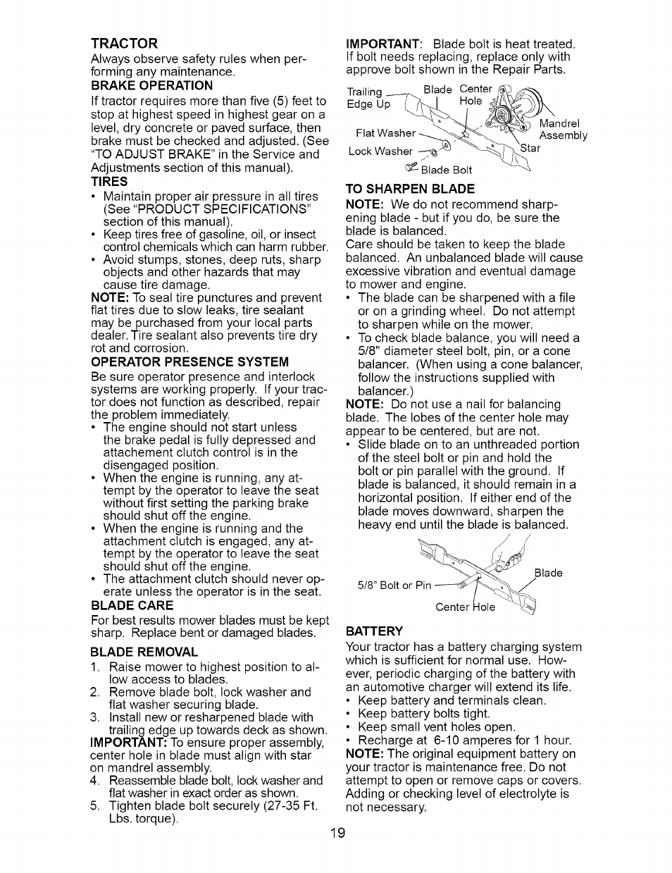 Tractor, Tires, Operator presence system | Blade care, Blade removal, Battery | Craftsman DYT 4000 917.273642 User Manual | Page 19 / 56