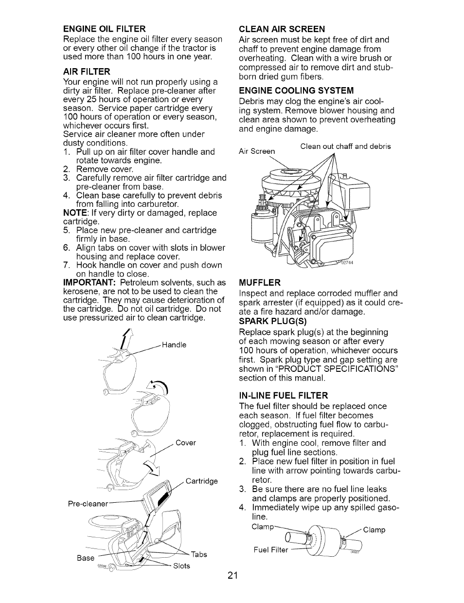 Engine oil filter, Air filter, Clean air screen | Engine cooling system, Muffler, Spark plug(s), In-line fuel filter | Craftsman DYT 4000 917.273642 User Manual | Page 21 / 56
