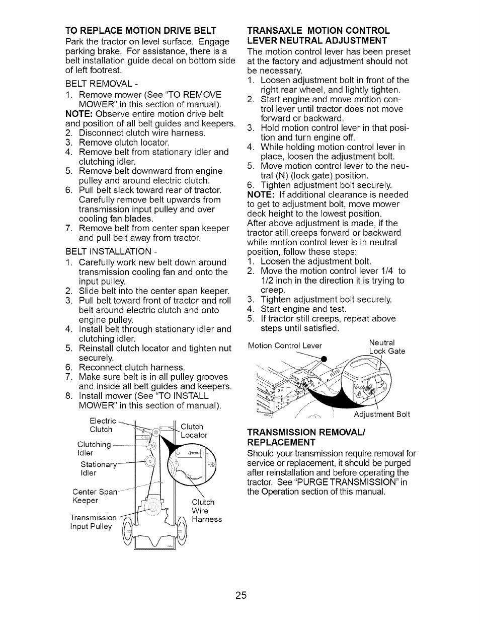 To replace motion drive belt, Transaxle motion control lever neutral adjustment, Transmission removal/ replacement | Craftsman DYT 4000 917.273642 User Manual | Page 25 / 56