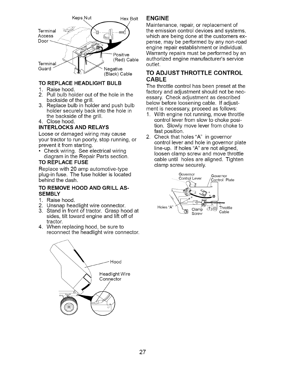 To replace headlight bulb, To remove hood and grill assembly, Engine | To adjust throttle control cable | Craftsman DYT 4000 917.273642 User Manual | Page 27 / 56